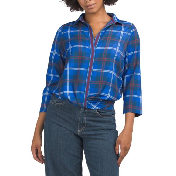 GRETCHEN SCOTT Navy Plaid Faux Button Up Shirt - Picture 1 of 2